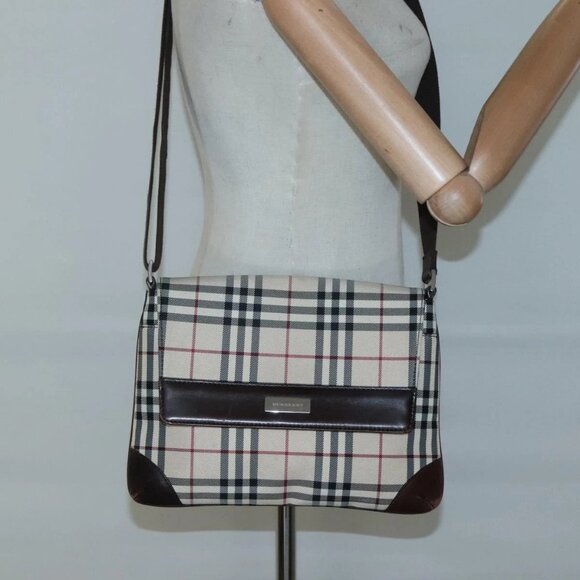 BURBERRY Nova Check Shoulder Bag Canvas Beige Silver Auth ep9235